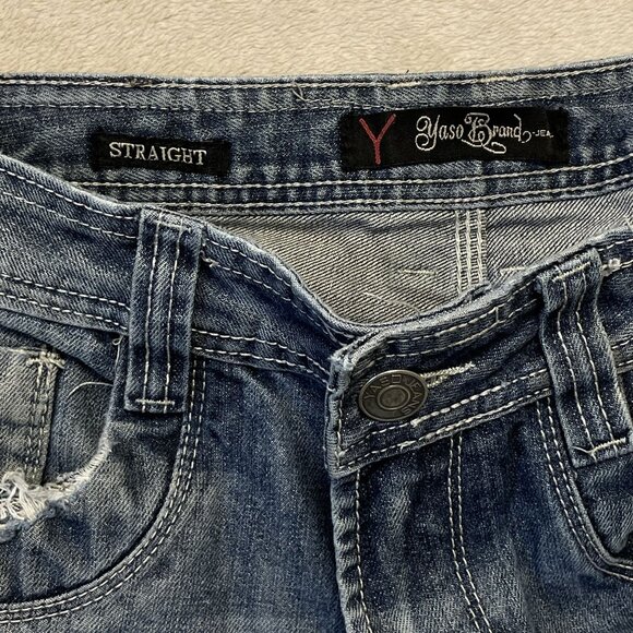 Yaso Brand Jeans Men 32 x 33 Blue Y2K Straight Distressed Studded Pockets Grunge - Picture 3 of 16